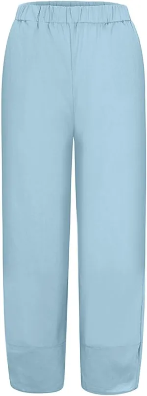 Women's Linen Summer Pull On Pants High Waist Ankle Length Loose Fit Palazzo Lounge Pants Beach
