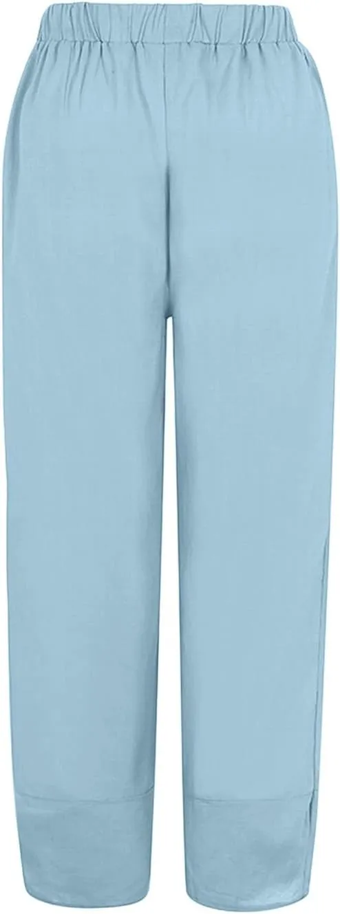 Women's Linen Summer Pull On Pants High Waist Ankle Length Loose Fit Palazzo Lounge Pants Beach