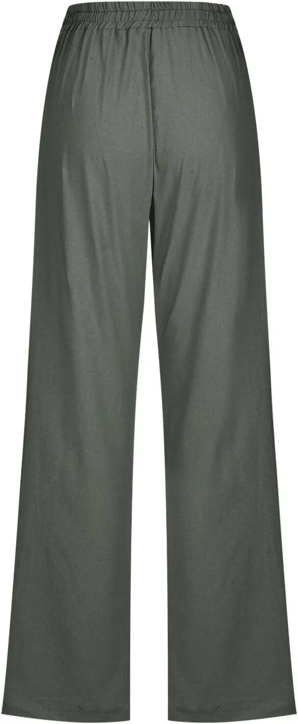 Women's Linen Summer Pull On Pants High Waist Ankle Length Loose Fit Palazzo Lounge Pants Beach