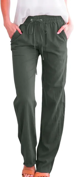 Women's Linen Summer Pull On Pants High Waist Ankle Length Loose Fit Palazzo Lounge Pants Beach