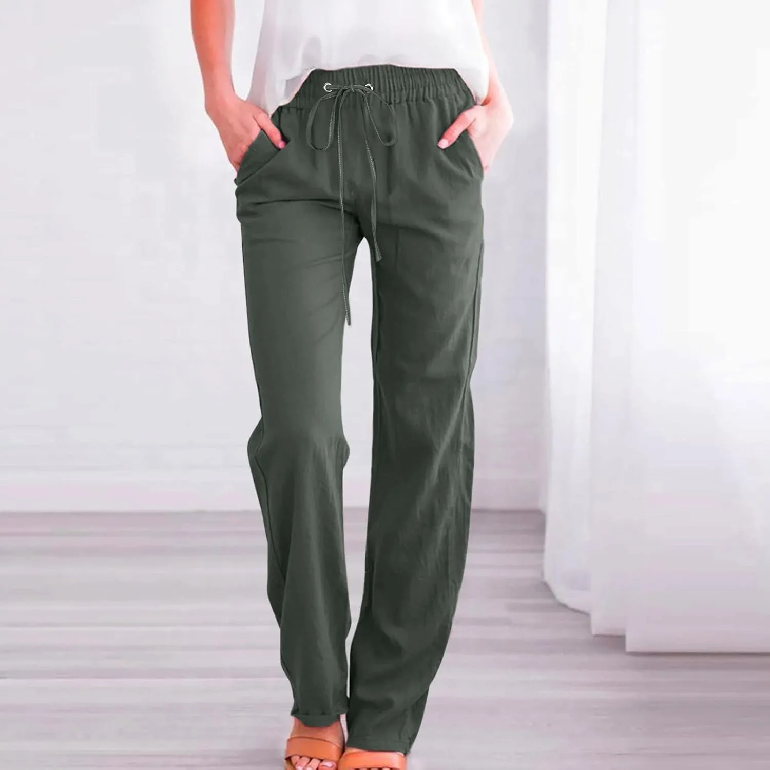 Women's Linen Summer Pull On Pants High Waist Ankle Length Loose Fit Palazzo Lounge Pants Beach