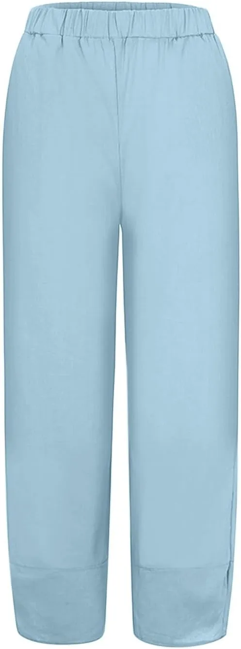 Women's Linen Summer Pull On Pants High Waist Ankle Length Loose Fit Palazzo Lounge Pants Beach