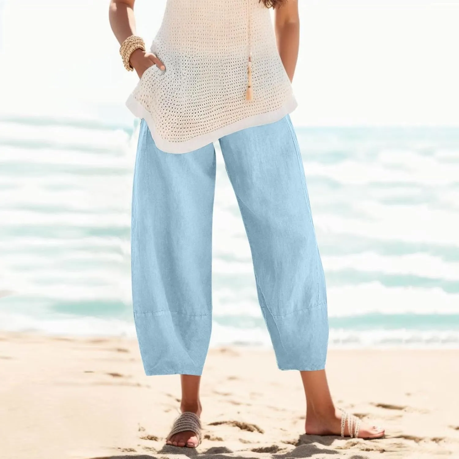 Women's Linen Summer Pull On Pants High Waist Ankle Length Loose Fit Palazzo Lounge Pants Beach
