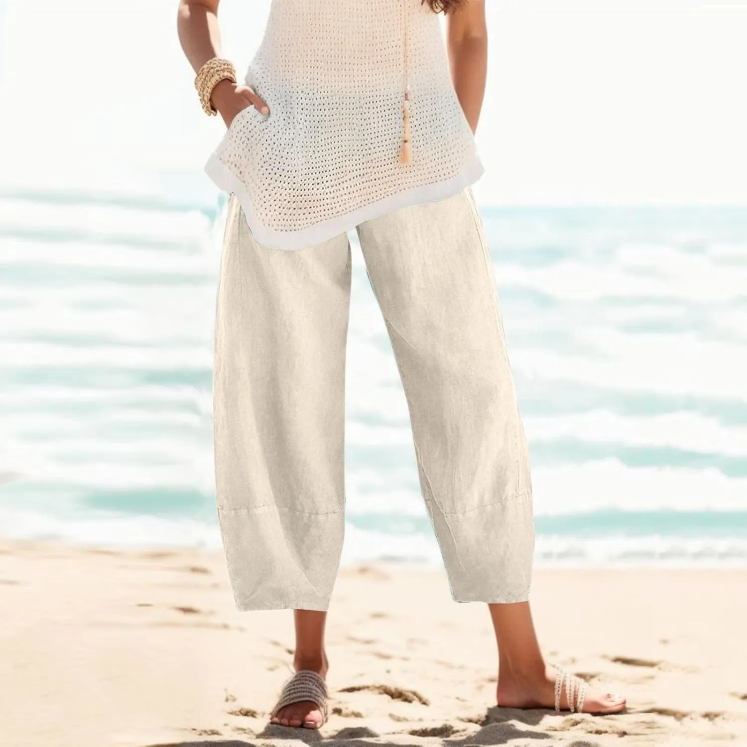 Women's Linen Summer Pull On Pants High Waist Ankle Length Loose Fit Palazzo Lounge Pants Beach