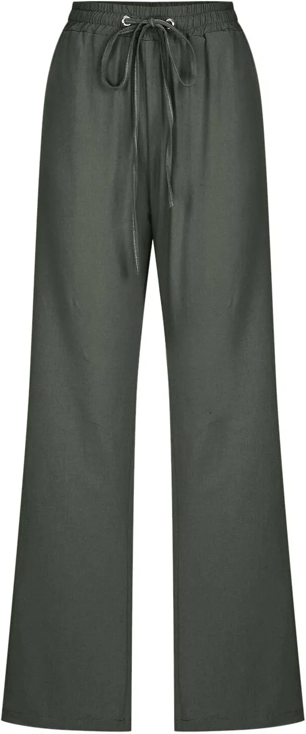Women's Linen Summer Pull On Pants High Waist Ankle Length Loose Fit Palazzo Lounge Pants Beach