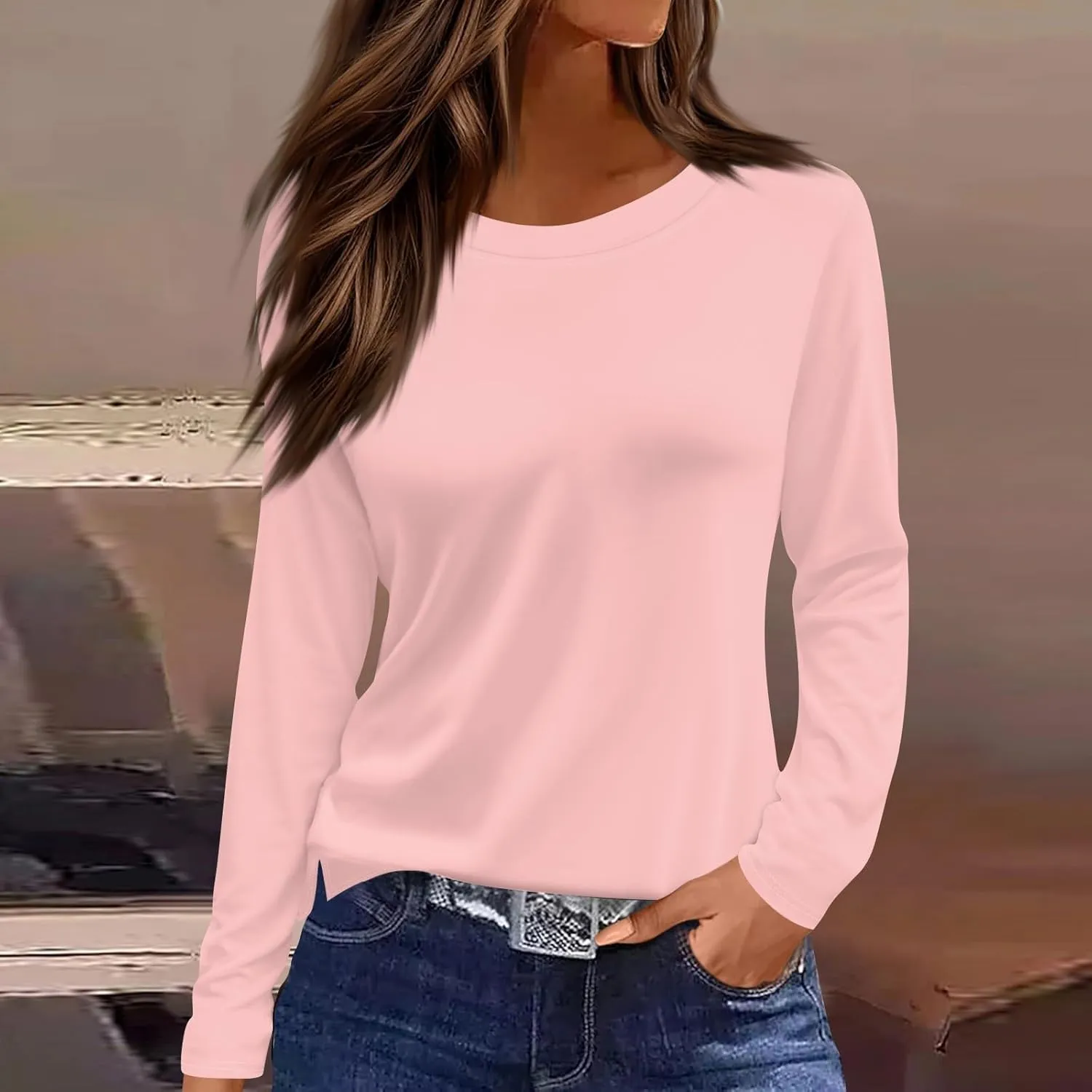 Women's Long Sleeve Tops 2024 Fall Dressy Casual Blouses Crewneck Oversized Tunic Shirts Striped