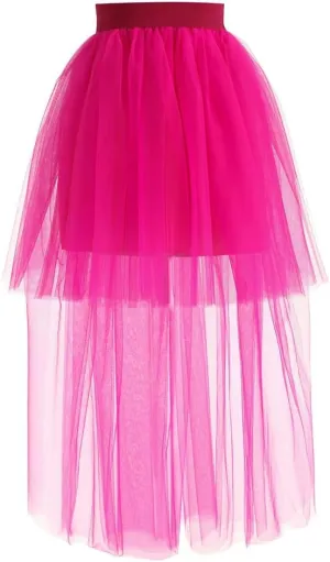 Women's Long Tutu Tulle Bustle Skirt With Elastic Waist - Party High Low Mesh Net Lace Overlay Maxi