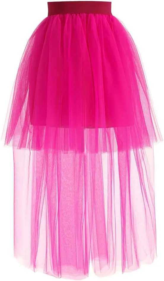 Women's Long Tutu Tulle Bustle Skirt With Elastic Waist - Party High Low Mesh Net Lace Overlay Maxi