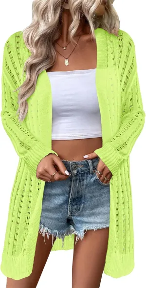 Womens Open Front Lightweight Cardigan Sweaters Crochet Long Sleeve Cardigans Summer Boho Beach Swimsuit Cover Up