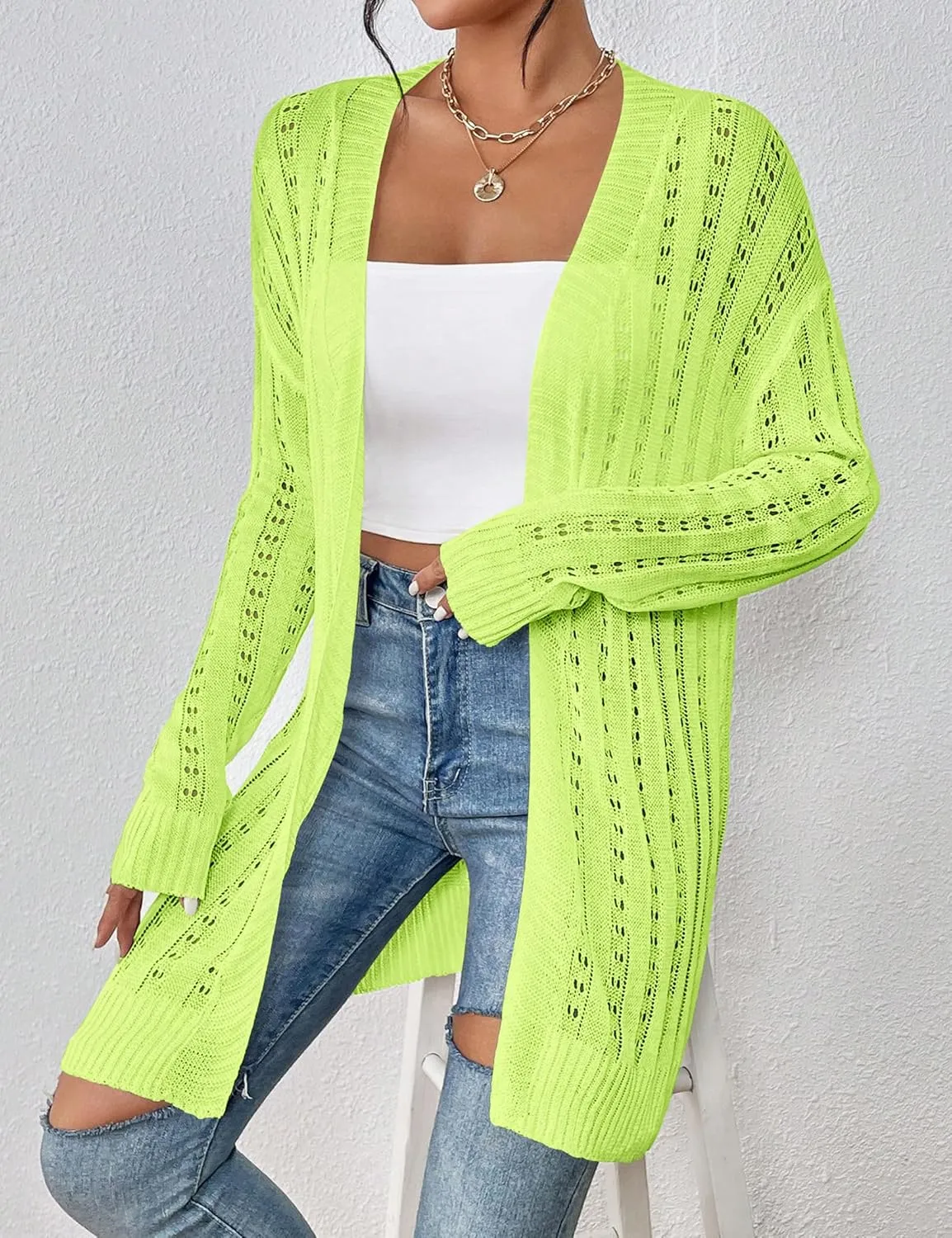 Womens Open Front Lightweight Cardigan Sweaters Crochet Long Sleeve Cardigans Summer Boho Beach Swimsuit Cover Up