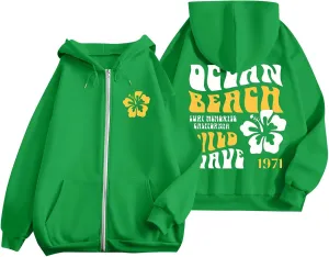 Women's Oversized Full Zip Hoodies Y2K Cute Preppy Graphic Zip Up Sweat Jackets For Teen Girls with Pockets