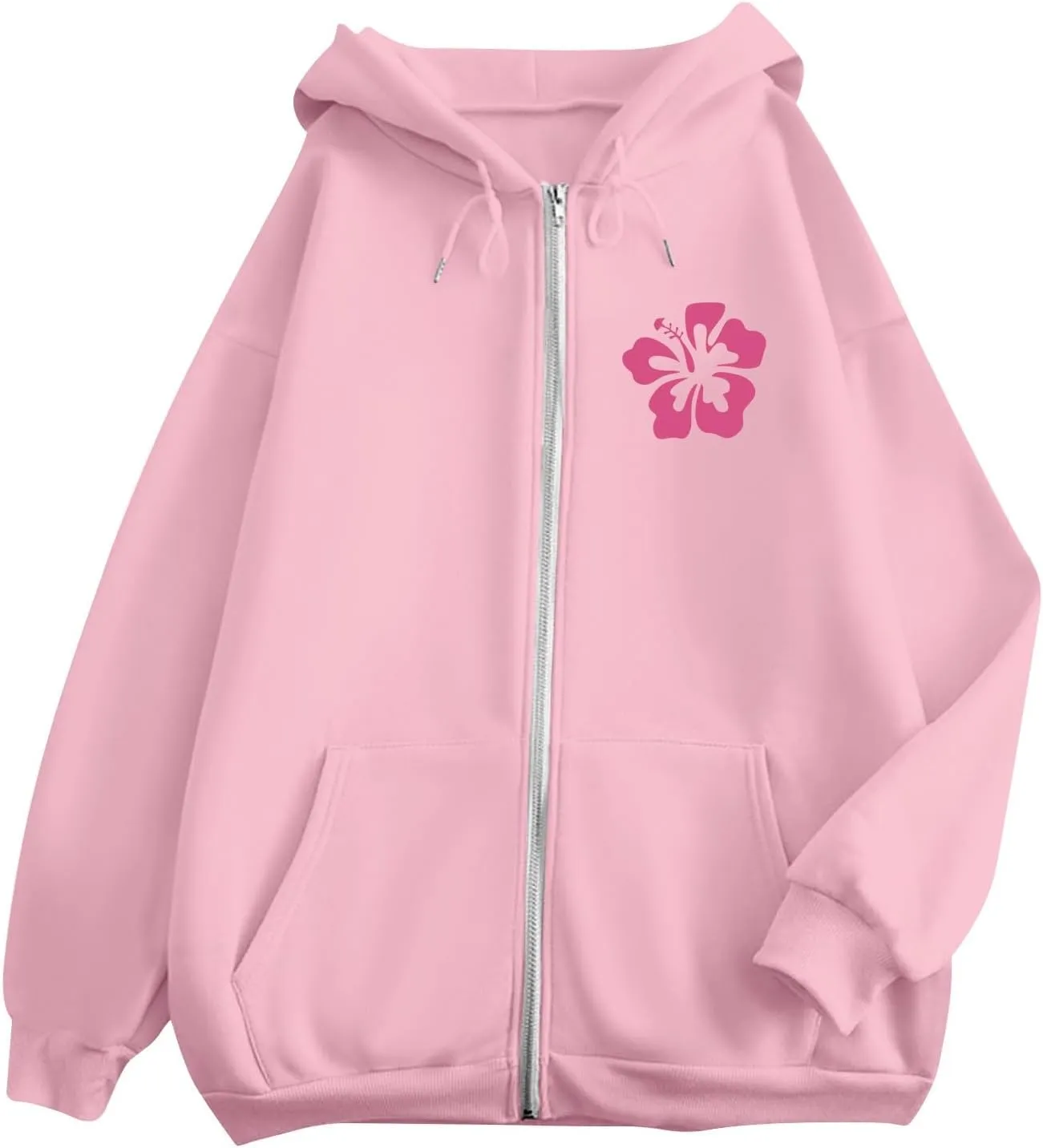 Women's Oversized Full Zip Hoodies Y2K Cute Preppy Graphic Zip Up Sweat Jackets For Teen Girls with Pockets