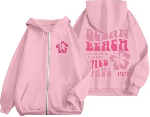 Women's Oversized Full Zip Hoodies Y2K Cute Preppy Graphic Zip Up Sweat Jackets For Teen Girls with Pockets