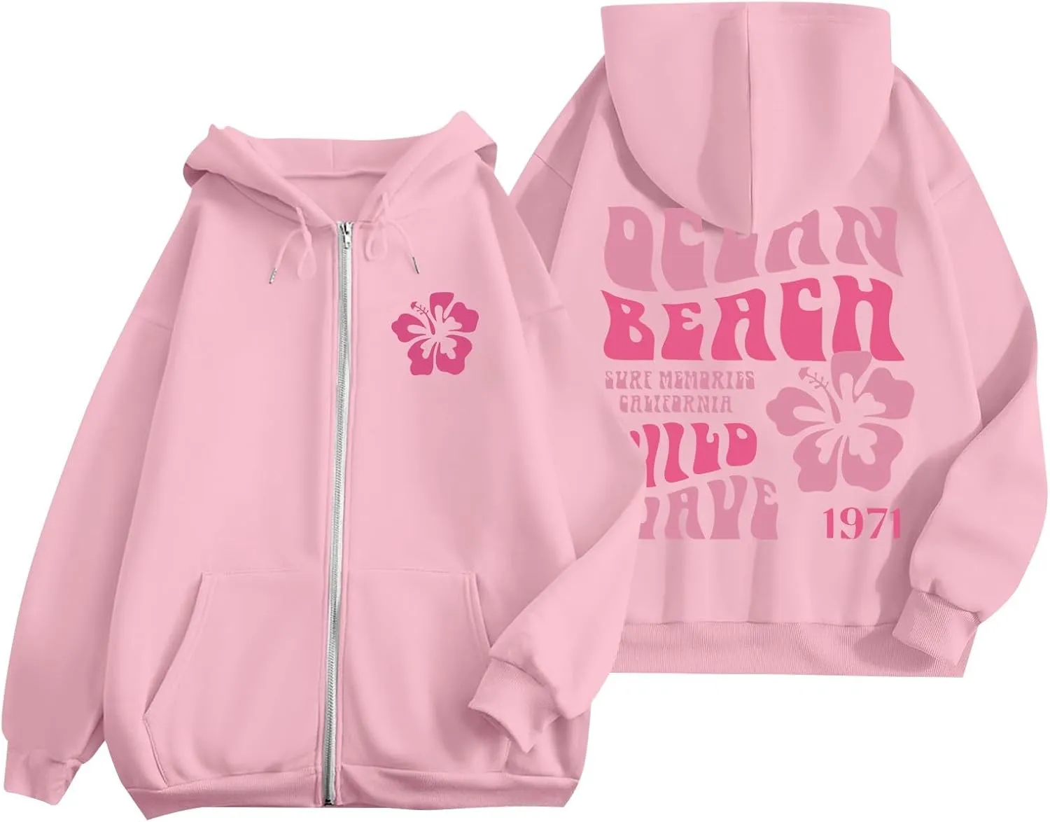 Women's Oversized Full Zip Hoodies Y2K Cute Preppy Graphic Zip Up Sweat Jackets For Teen Girls with Pockets