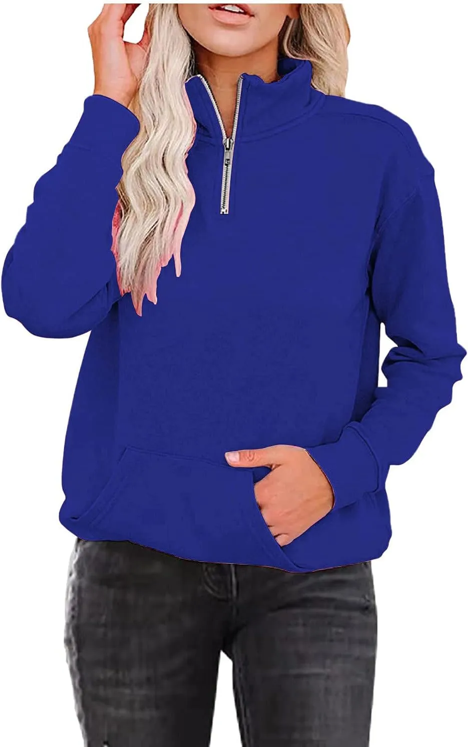 Womens Oversized Half Zip Sweatshirt Casual Long Sleeve Solid Color Soft Sweatshirt Pullover Jacket with Pocket