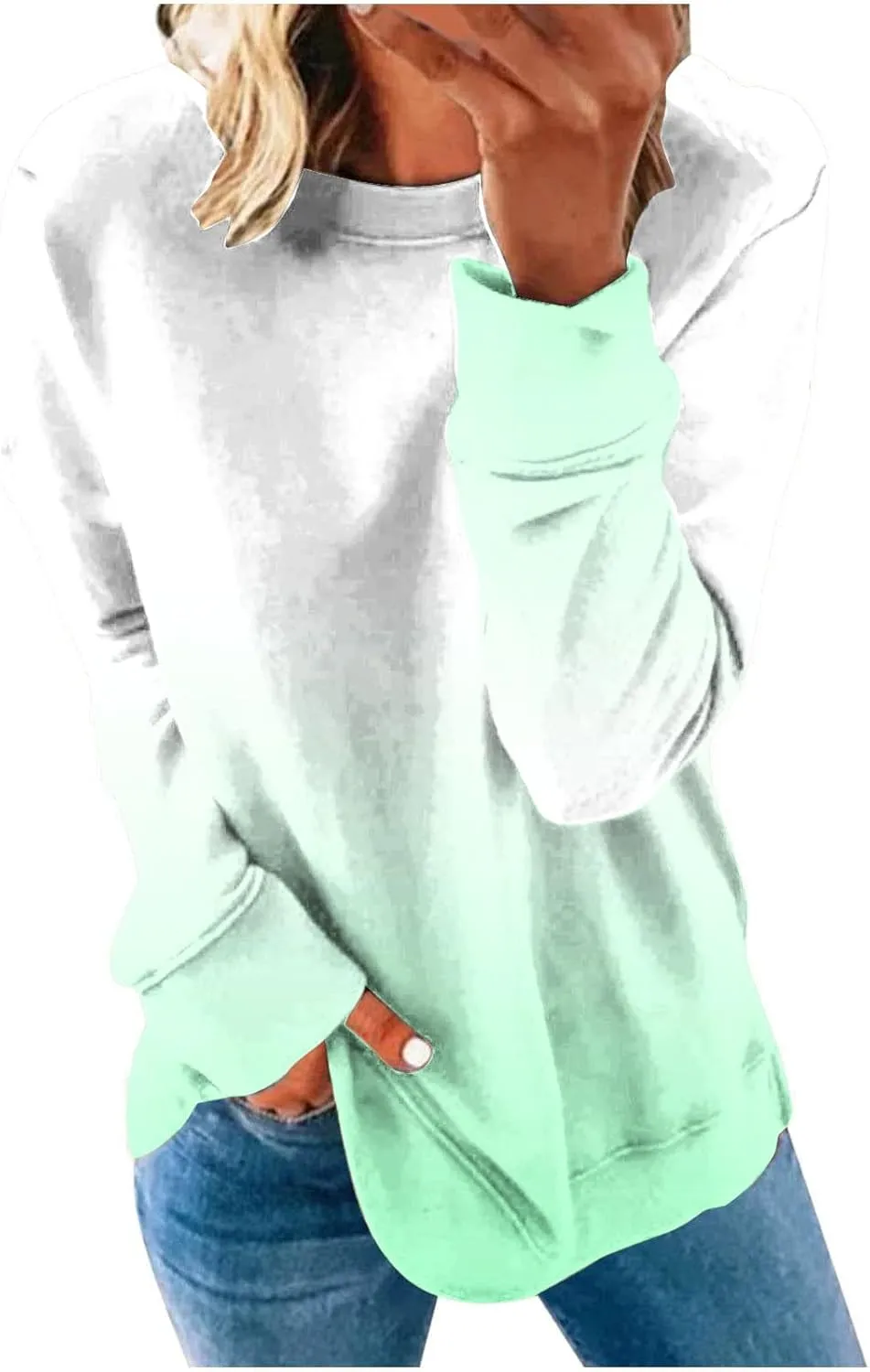 Womens Oversized Sweatshirts Hoodies Casual Long Sleeve Crew Neck Pullover Tops Fashion Gradient Color Sweater