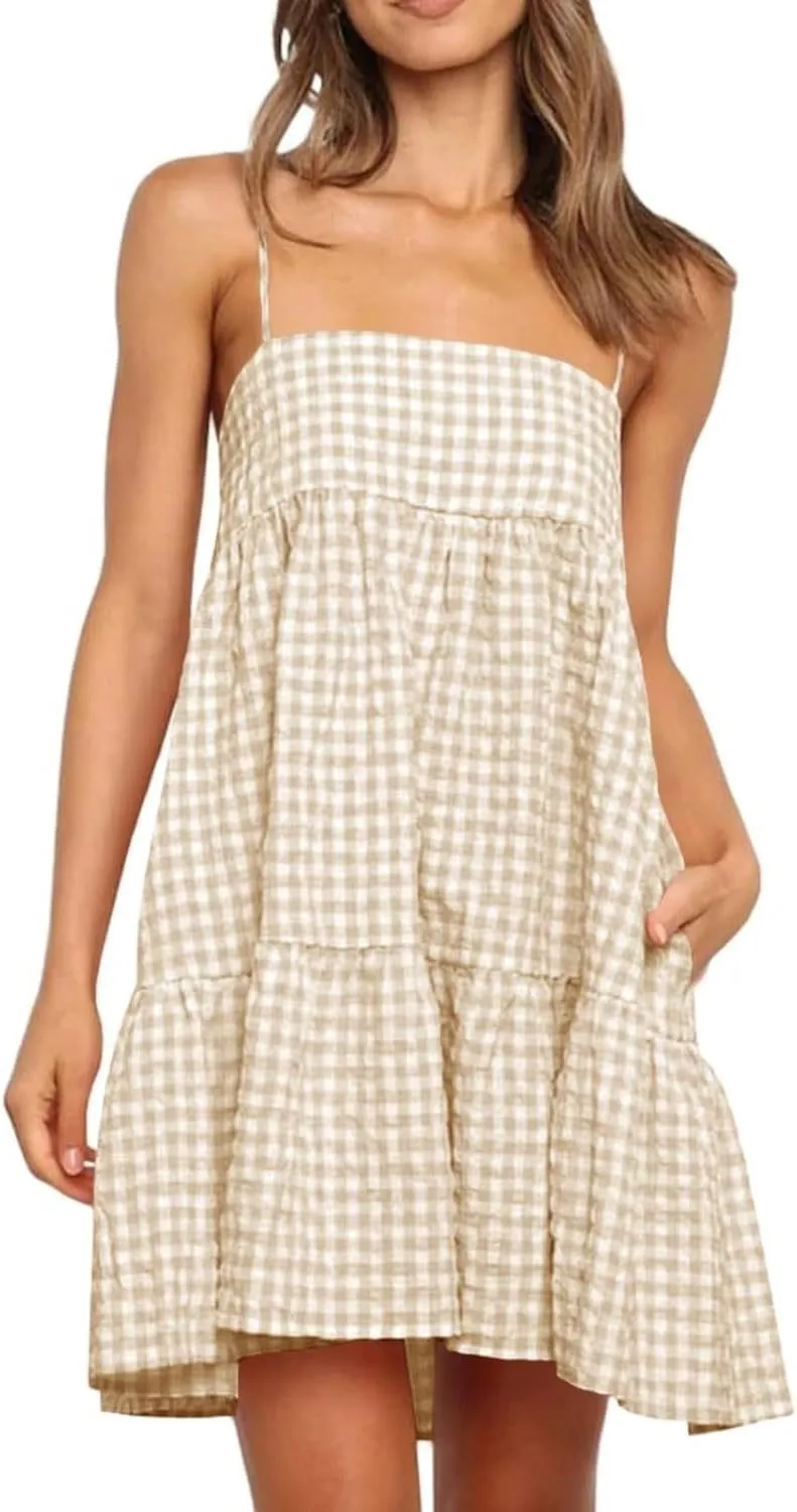 Womens Plaid A-Line Dresses Adjustable Shoulder Straps Ruffle Hem Casual Mini Dress Beach Sundress with Side Pockets