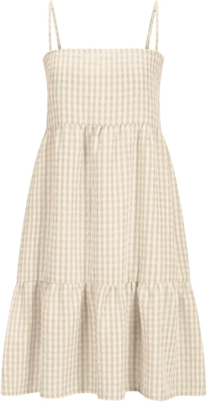 Womens Plaid A-Line Dresses Adjustable Shoulder Straps Ruffle Hem Casual Mini Dress Beach Sundress with Side Pockets