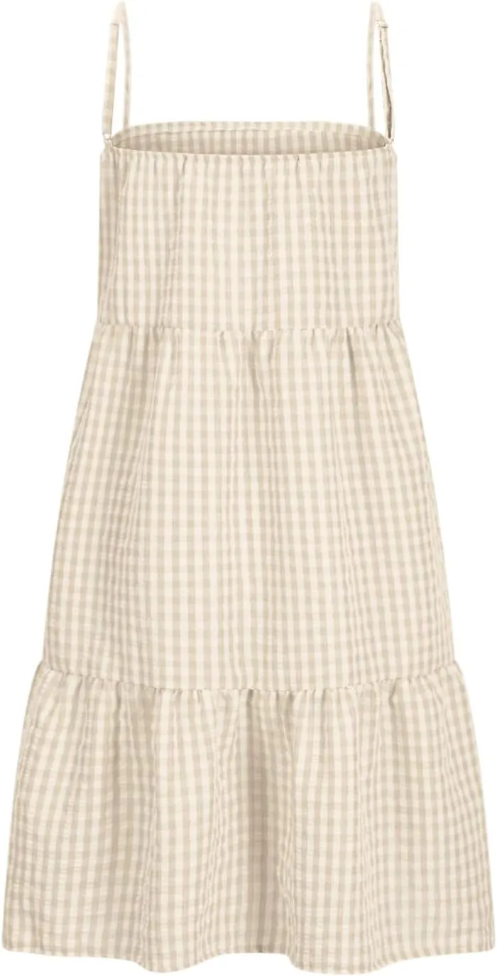 Womens Plaid A-Line Dresses Adjustable Shoulder Straps Ruffle Hem Casual Mini Dress Beach Sundress with Side Pockets