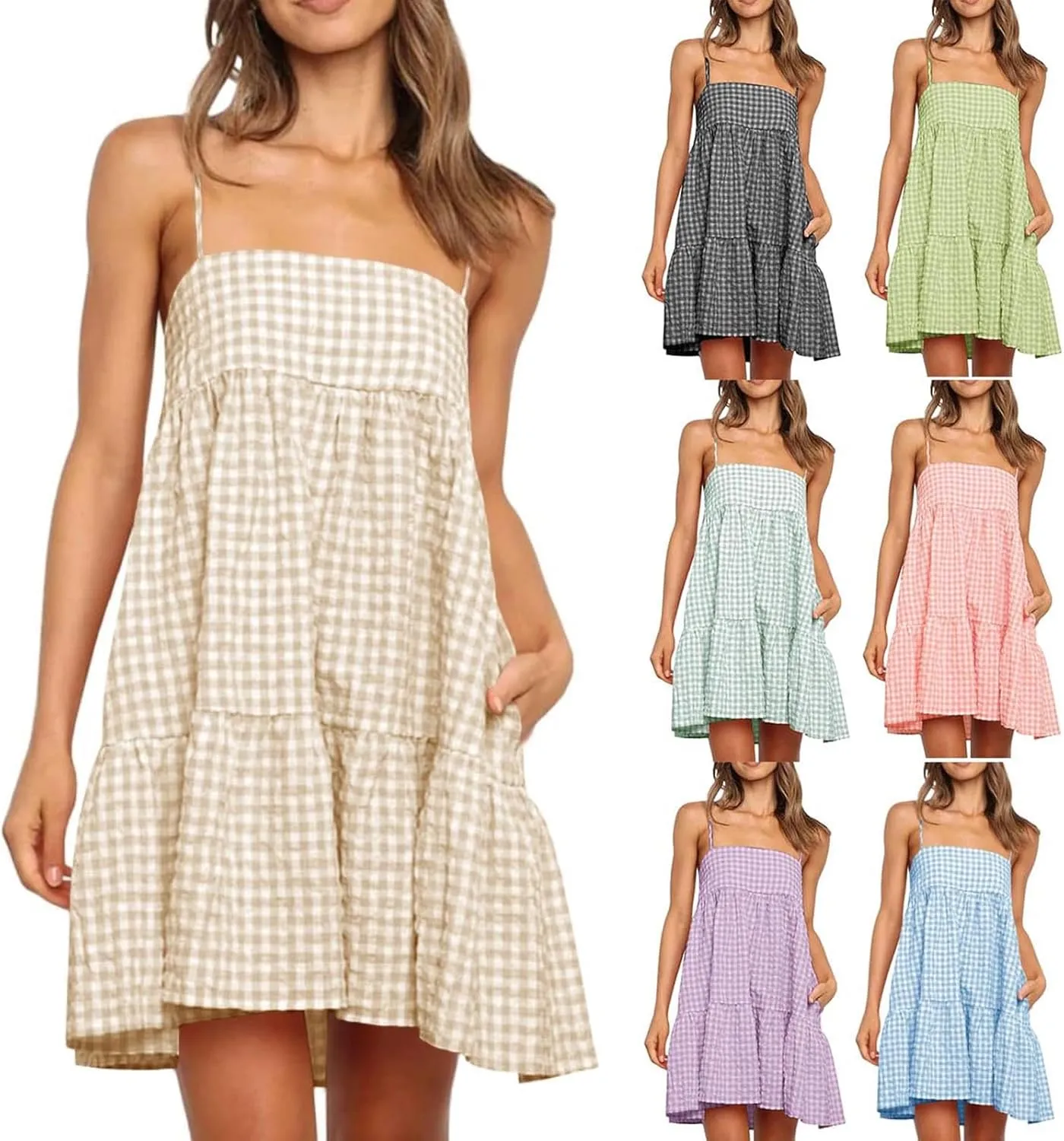 Womens Plaid A-Line Dresses Adjustable Shoulder Straps Ruffle Hem Casual Mini Dress Beach Sundress with Side Pockets