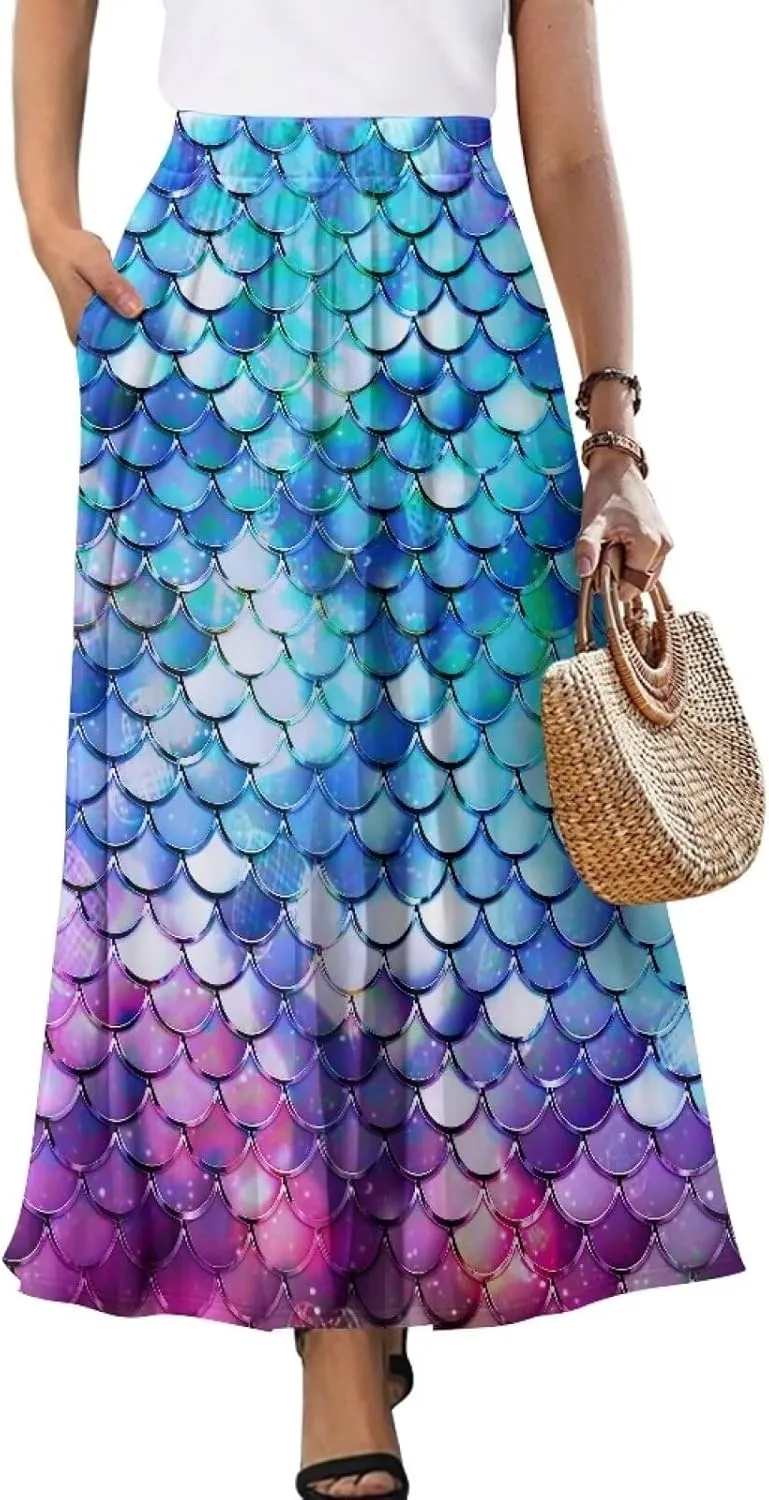 Womens Plus Size Maxi Skirt Casual High Waist Pleated Long Skirts 2024 with Pockets Ankle Length Flowy Swing
