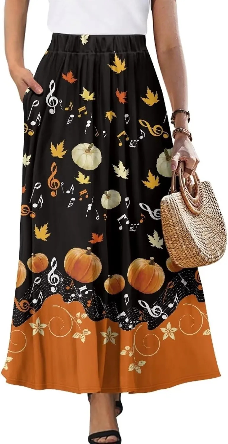 Womens Plus Size Maxi Skirt Casual High Waist Pleated Long Skirts 2024 with Pockets Ankle Length Flowy Swing