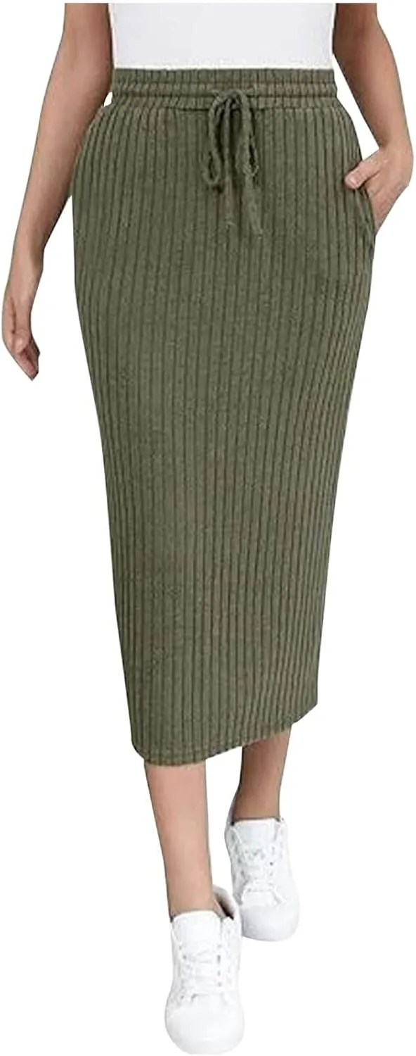 Women's Ribbed Knit Bodycon Maxi Skirt High Waisted Office Pencil Long Skirts Stretchy Mid Length Skirts with Pocket