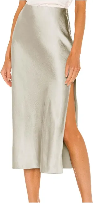 Womens Satin Maxi Slit Skirt Silk Summer High Waisted A-Line Long Skirts Business Casual Cocktail Party Skirt