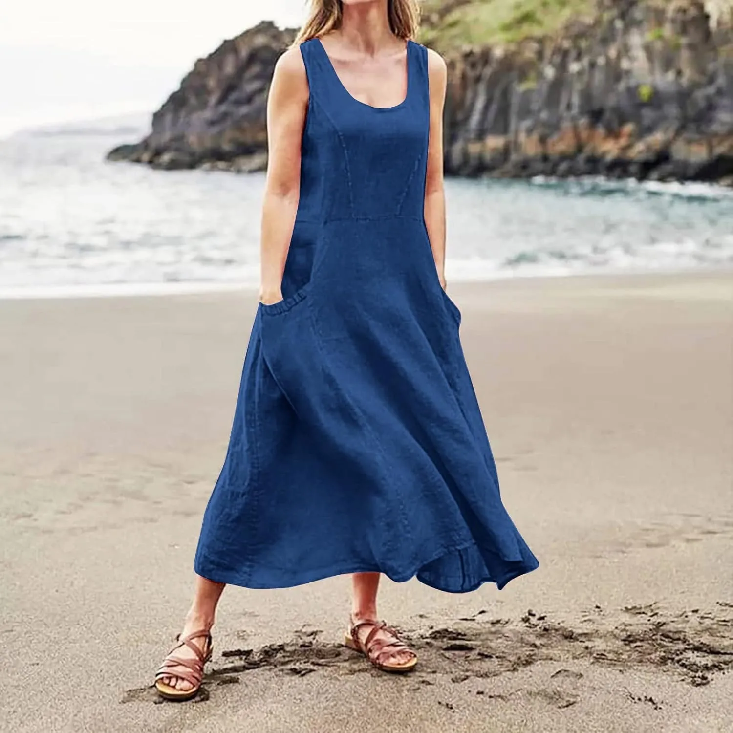 Women's Summer Cotton Linen Long Dress Sleeveless Elegant Flowy Dresses Plus Size Loose Comfy Dress with Pockets