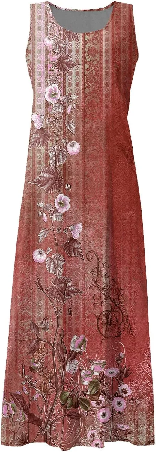 Womens Summer Dresses Beach Long Dress Sleeveless Elegant Flowy Dresses Plus Size Loose Dress with Pockets