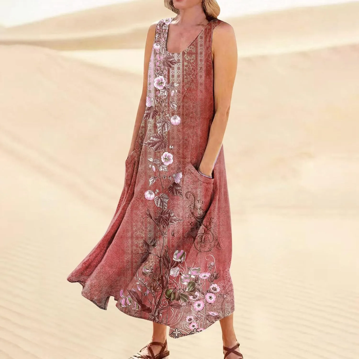 Womens Summer Dresses Beach Long Dress Sleeveless Elegant Flowy Dresses Plus Size Loose Dress with Pockets