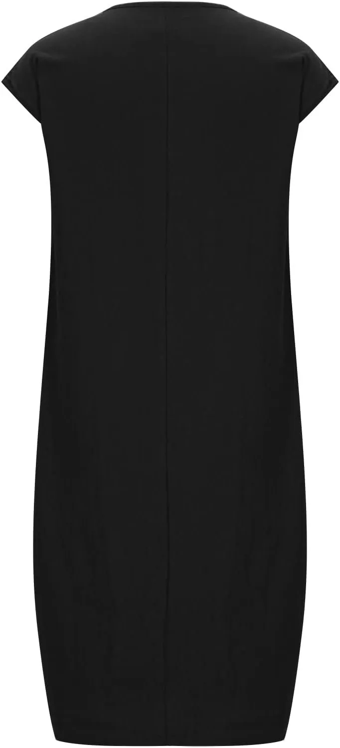 Women's Summer Midi Dress Casual Plain Simple T-Shirt Loose Dress Crewneck Short Sleeve T Shirt Sundress with Pockets