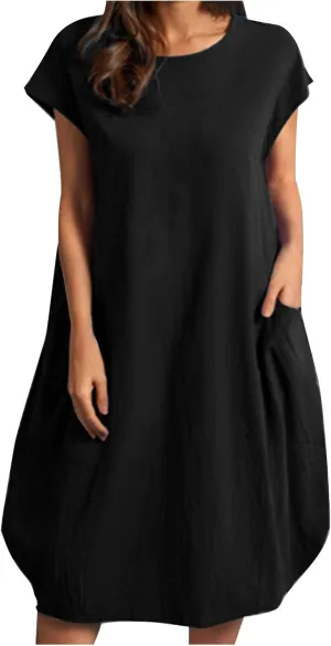 Women's Summer Midi Dress Casual Plain Simple T-Shirt Loose Dress Crewneck Short Sleeve T Shirt Sundress with Pockets