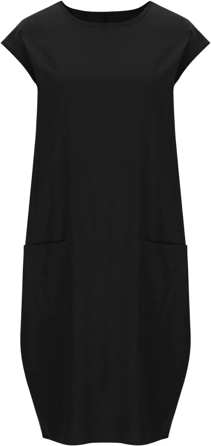 Women's Summer Midi Dress Casual Plain Simple T-Shirt Loose Dress Crewneck Short Sleeve T Shirt Sundress with Pockets