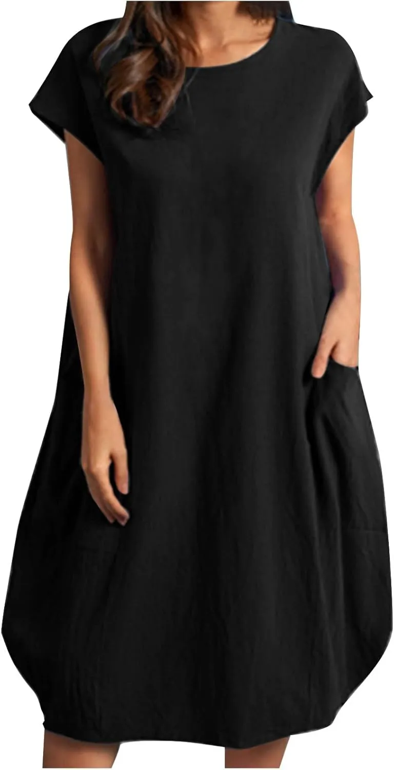 Women's Summer Midi Dress Casual Plain Simple T-Shirt Loose Dress Crewneck Short Sleeve T Shirt Sundress with Pockets