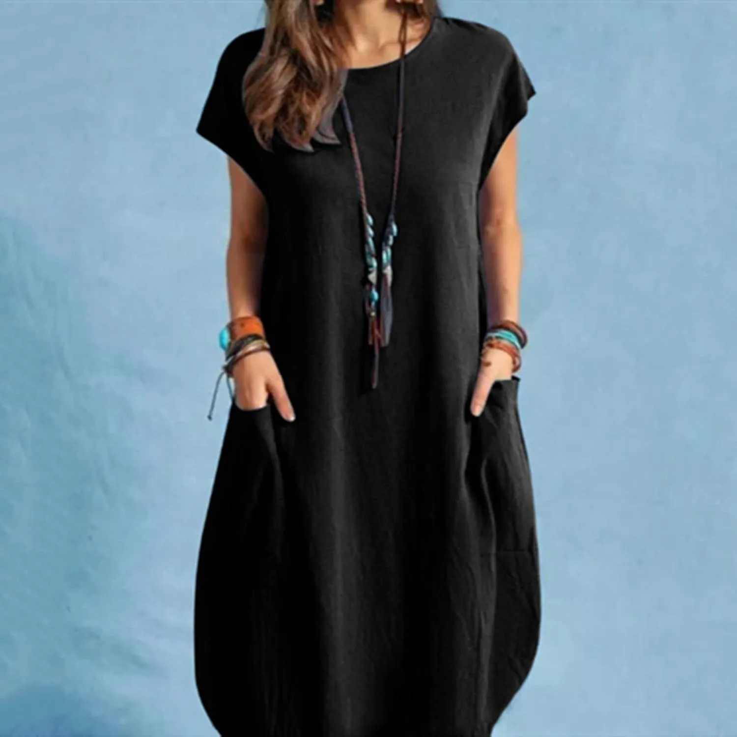 Women's Summer Midi Dress Casual Plain Simple T-Shirt Loose Dress Crewneck Short Sleeve T Shirt Sundress with Pockets