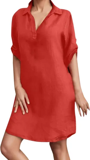 Women's Summer Midi Shirt Dresses Button Down 1/2 Sleeve Lapel Casual Cotton Linen Dress Linen Shirt Dress Loose Maxi Dresses