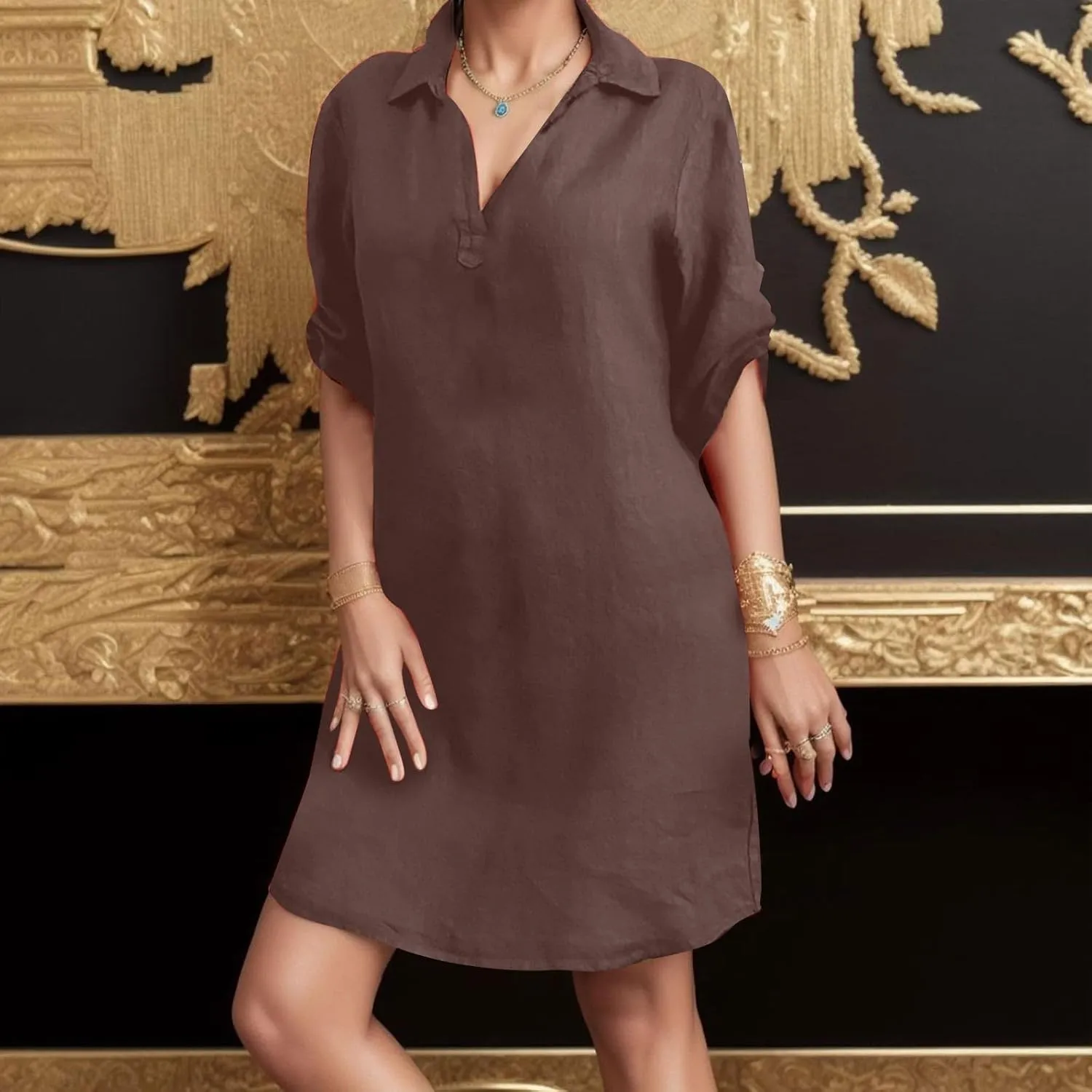 Women's Summer Midi Shirt Dresses Button Down 1/2 Sleeve Lapel Casual Cotton Linen Dress Linen Shirt Dress Loose Maxi Dresses