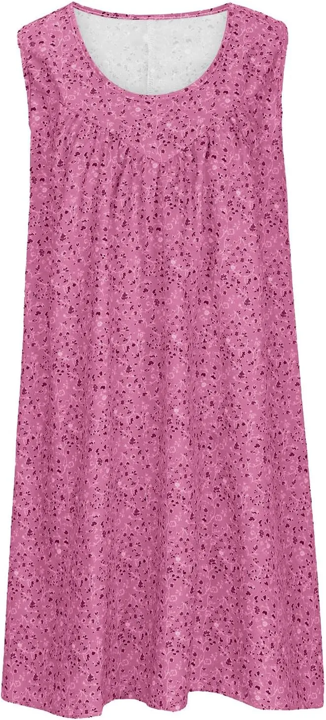 Women's Summer Mini Dress Trendy Floral Printed A Line Tank Dress Sleeveless Scoop Neck Bohemian Sundress with Pocket