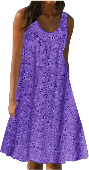 Women's Summer Mini Dress Trendy Floral Printed A Line Tank Dress Sleeveless Scoop Neck Bohemian Sundress with Pocket