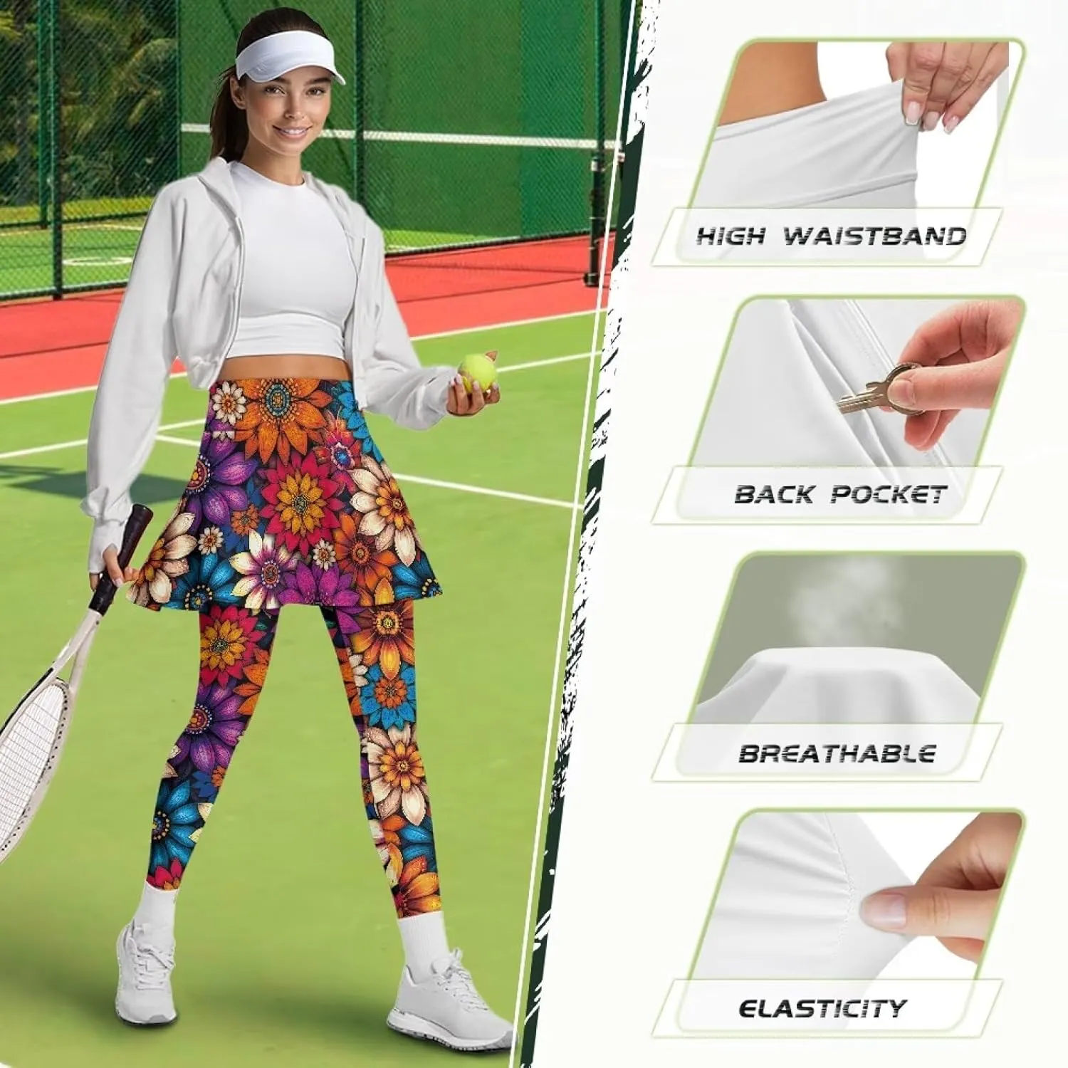 Women's Tennis Leggings with Skirts and Pockets Comfortable Soft High Waist Workout Yoga Pants Plus Size XS-3XL