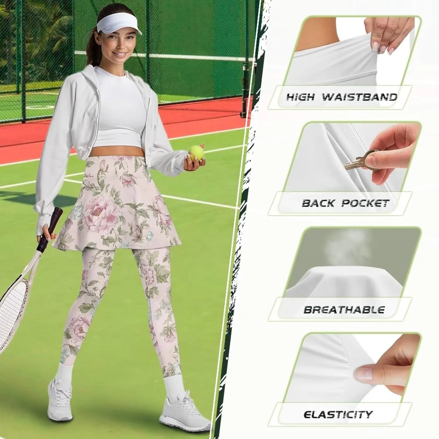 Women's Tennis Leggings with Skirts and Pockets Comfortable Soft High Waist Workout Yoga Pants Plus Size XS-3XL