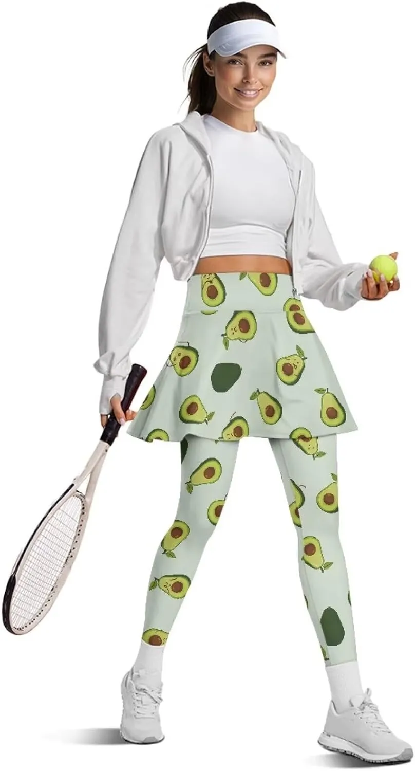 Women's Tennis Leggings with Skirts and Pockets Comfortable Soft High Waist Workout Yoga Pants Plus Size XS-3XL