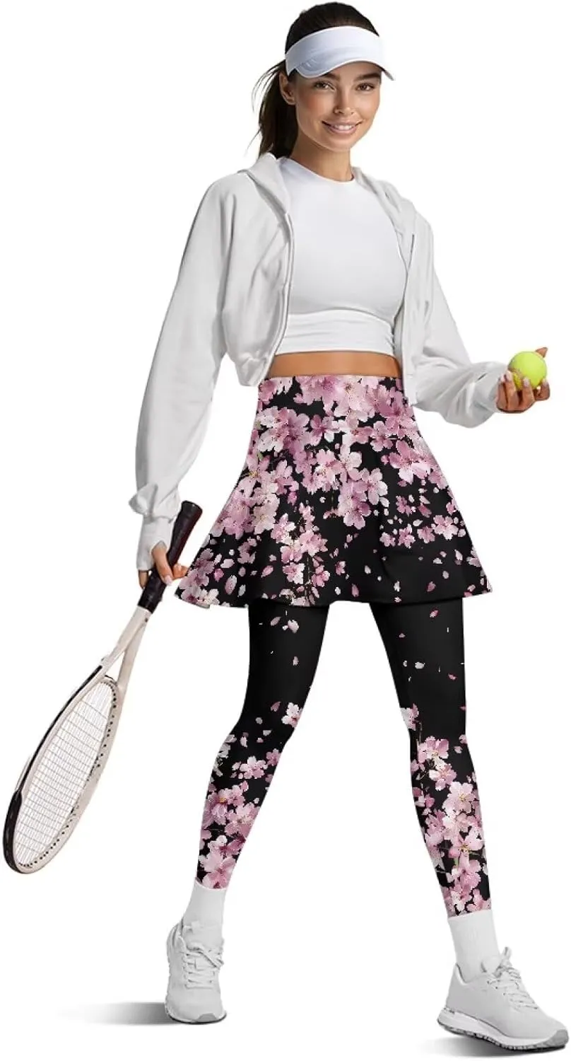 Women's Tennis Leggings with Skirts and Pockets Comfortable Soft High Waist Workout Yoga Pants Plus Size XS-3XL