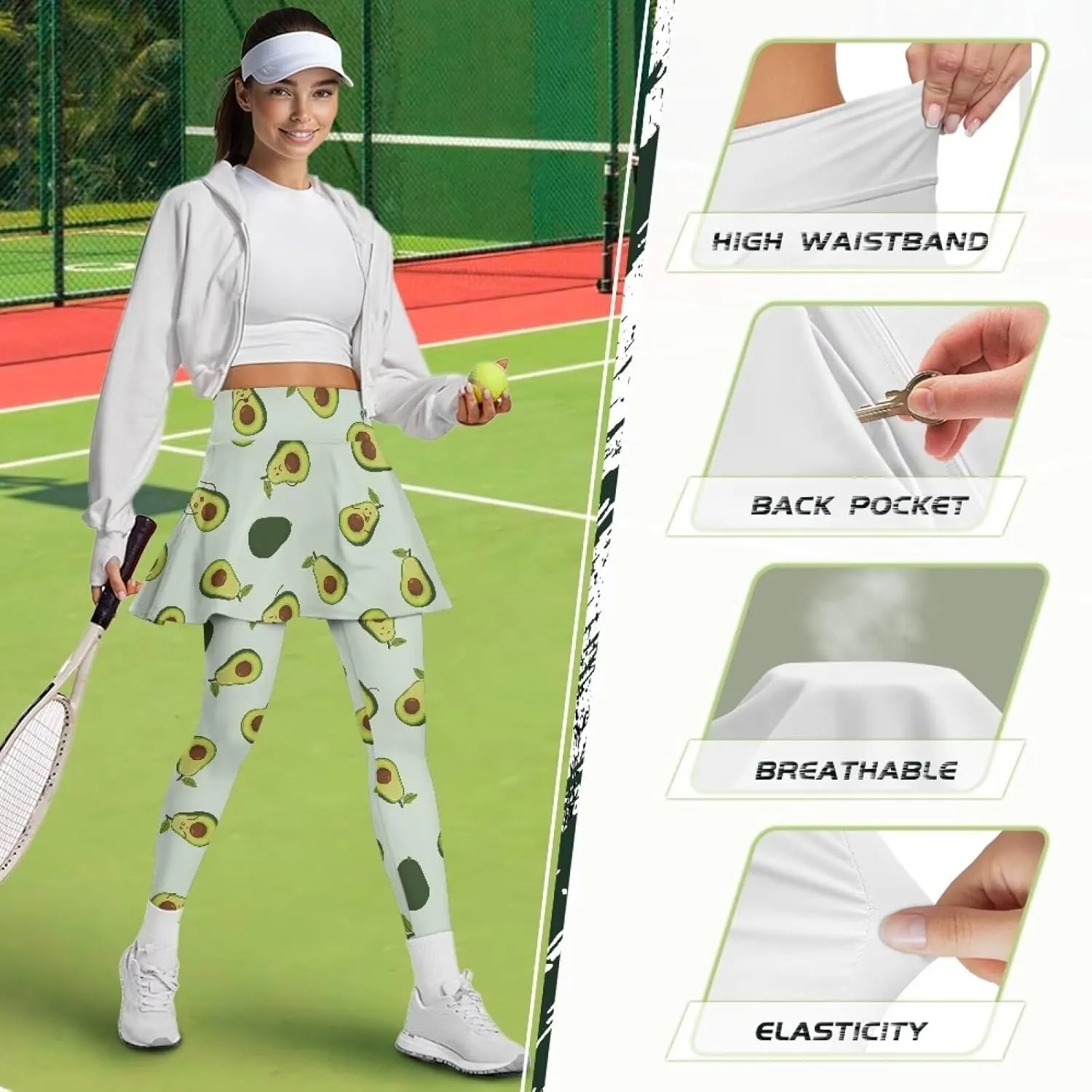 Women's Tennis Leggings with Skirts and Pockets Comfortable Soft High Waist Workout Yoga Pants Plus Size XS-3XL