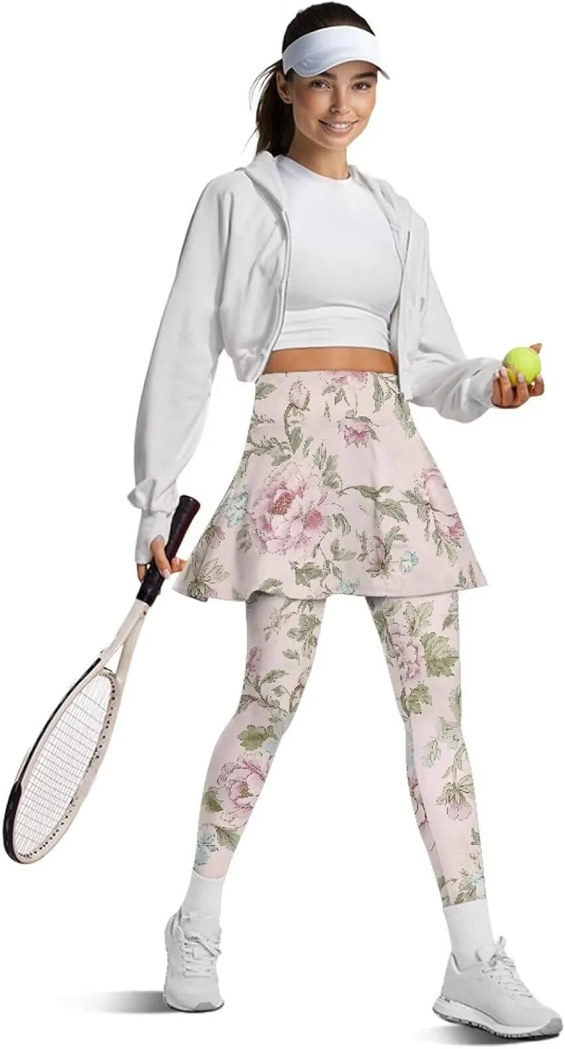 Women's Tennis Leggings with Skirts and Pockets Comfortable Soft High Waist Workout Yoga Pants Plus Size XS-3XL