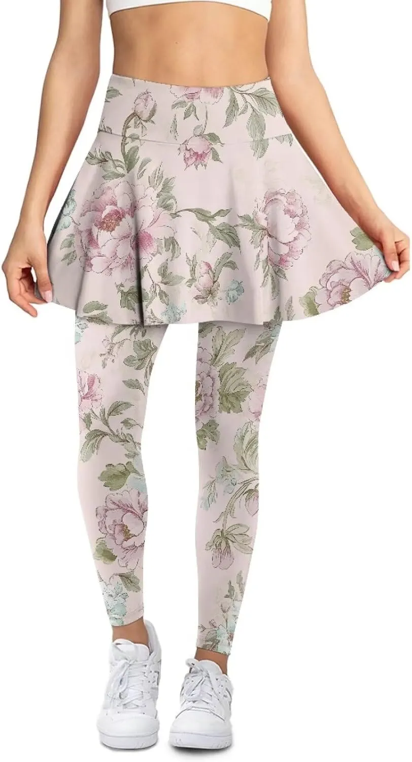 Women's Tennis Leggings with Skirts and Pockets Comfortable Soft High Waist Workout Yoga Pants Plus Size XS-3XL
