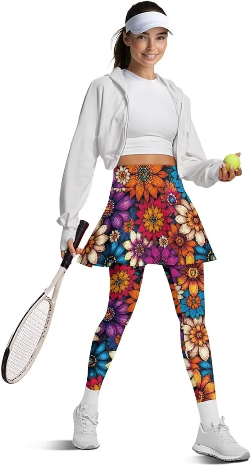 Women's Tennis Leggings with Skirts and Pockets Comfortable Soft High Waist Workout Yoga Pants Plus Size XS-3XL