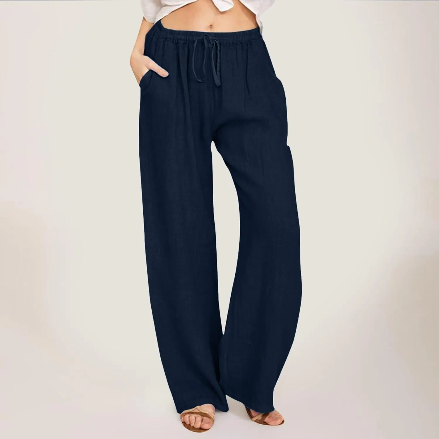 Women's Wide Leg Cotton Linen Pants Dressy Casual High Waist Palazzo Pant Lounge Button Up Trouser with Pocket
