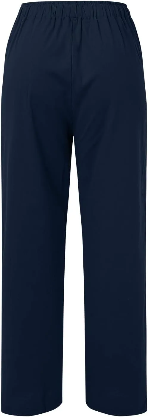 Women's Wide Leg Cotton Linen Pants Dressy Casual High Waist Palazzo Pant Lounge Button Up Trouser with Pocket